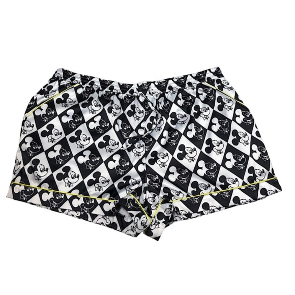 Disney Mickey Satin Drawstring Elastic Waist Pocket Black White Pajama Shorts 1X